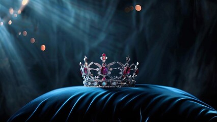 Fototapeta premium Richly Decorated Tiara on a Velvet Pillow Illustration for World Tiara Day