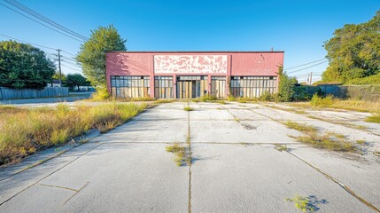 Fototapeta premium Derelict retail building surrounded by overgrown vegetation and cracked pavement in a quiet urban area
