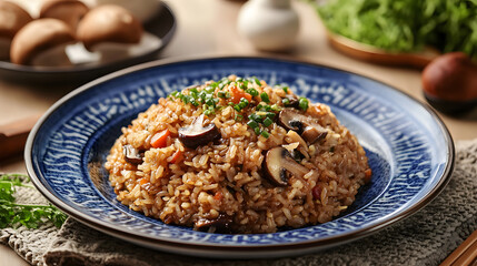 Delicious Mushroom Fried Rice on Blue and White Plate