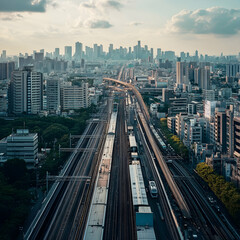 Obraz premium Urban landscape, showcasing a network of railway tracks and roads intersecting a dense cityscape