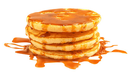 Stack of Fluffy pancakes isolated on white. Pancakes poured with honey caramel syrup or marple sauce