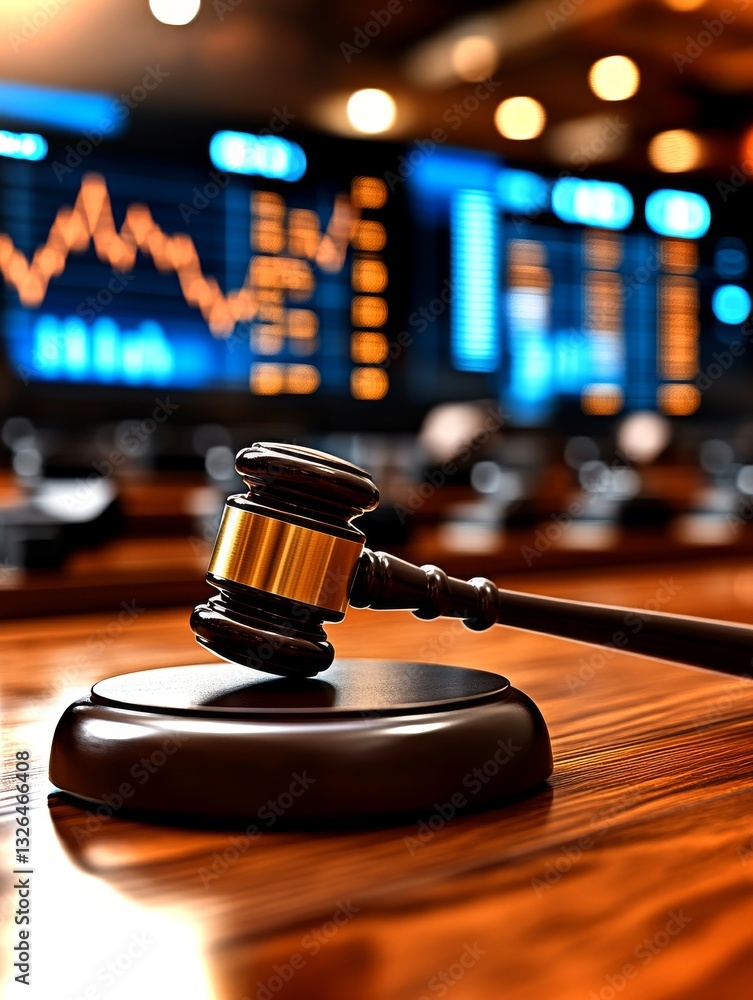 Poster justice system in action with gavel and digital financial display in courtroom setting