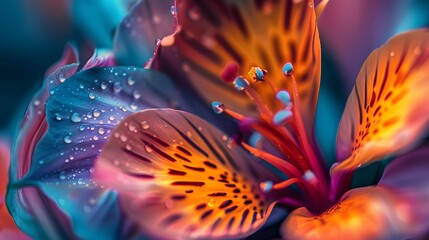 A flower with a yellow center and blue and purple petals