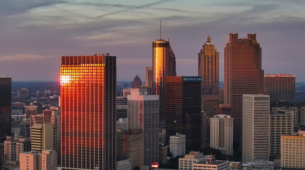 Atlanta, United States - 31 January 2025: Aerial view of downtown atlanta skyline with westin peachtree plaza and bank of america plaza at sunset, georgia, united states.