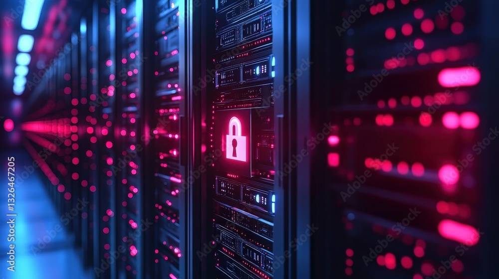 Poster a high-tech server room illuminated with pink lights, featuring a prominent locked symbol, emphasizi