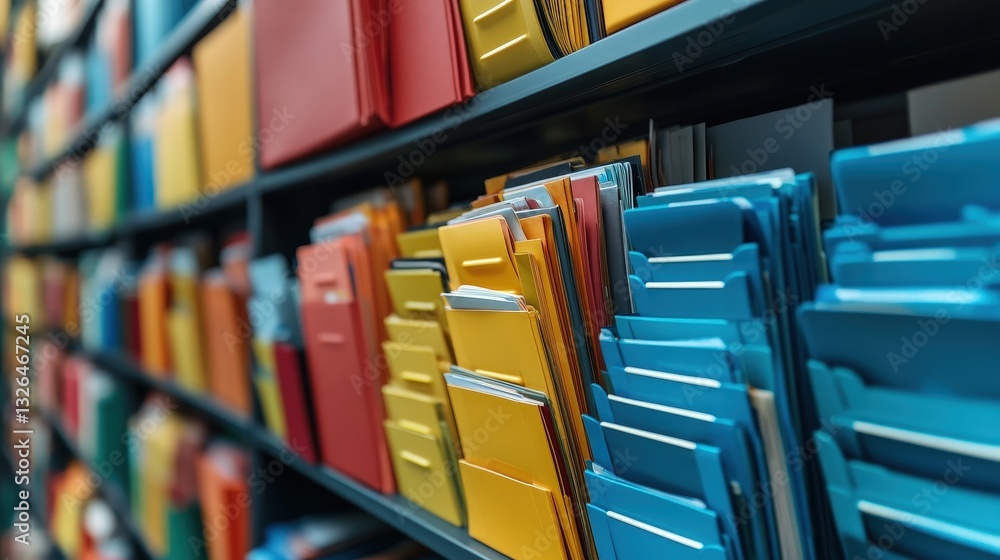 Poster a colorful array of organized file folders neatly arranged on a shelf, showcasing a variety of color