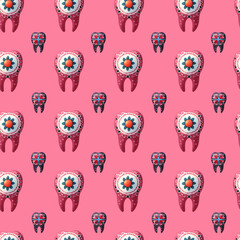 Watercolor seamless pattern of teeth painted as traditional Ukrainian pysanka, Easter eggs on a pink background