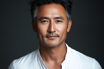 Obraz premium Portrait of a man with a confident expression wearing a white shirt against a dark background, showcasing sharp features and elegance