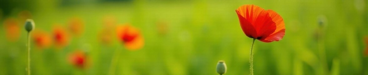 Fototapeta premium Single red poppy, vibrant petals, green field, poppy, color