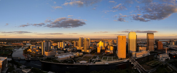 Aerial view of downtown tampa skyline featuring bank of america and rivergate tower at sunset, tampa, florida, united states.