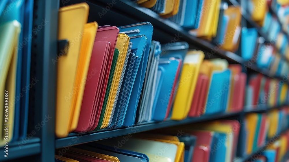 Poster a colorful array of organized folders neatly arranged on a shelf, showcasing a vibrant and systemati