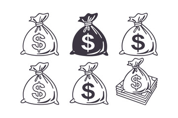 Money Bag Icon Set in Various Styles Vector Clipart Isolated Illustration