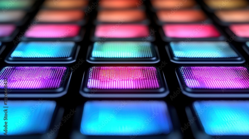 Poster vibrant multicolored led buttons on a control panel close-up