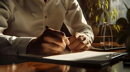 Fototapeta premium A man is writing on a piece of paper with a pen