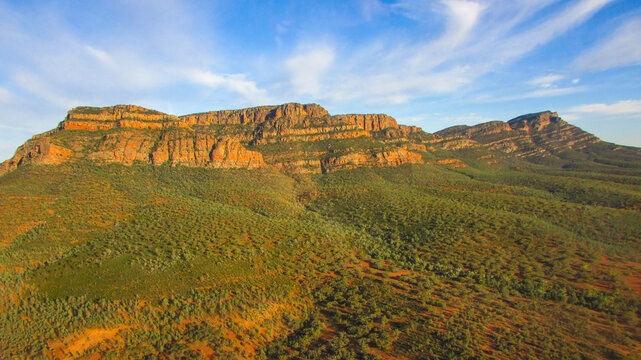 Aerial view of the majestic Flinders Range and Ikara Wilpena Pound with rugged rock formations and scenic valleys, Hawker, South Australia, Australia.