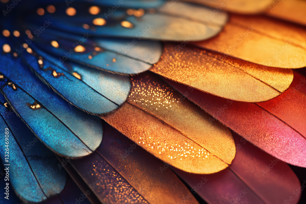 Poster colorful bird feathers creating a gradient effect with golden glitter