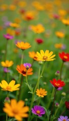 Vibrant wildflowers in yellow, red, purple hues Scattered blooms fill field , scene, flowers