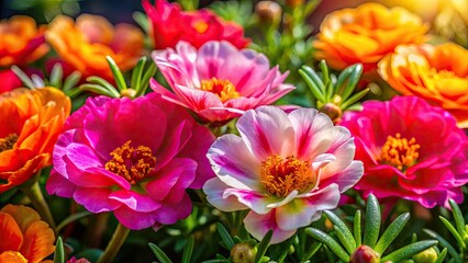 Vibrant Portulaca Grandiflora, the eleven o'clock flower, blossoms in captivating macro photography.