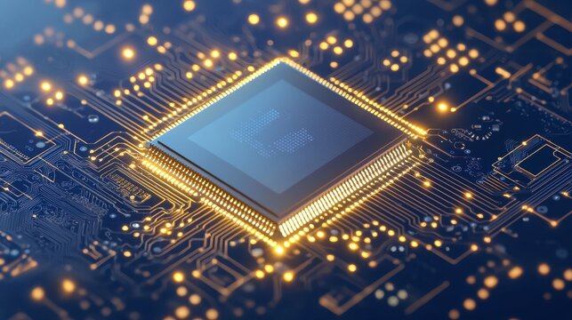 Central Processing Unit on Circuit Board with Glowing Lights
