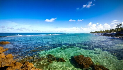 beautiful coastal retreat with crystal-clear waters, a shimmering 