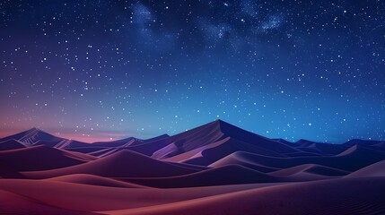 A desert landscape with mountains in the background and a starry sky