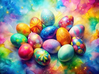 Fototapeta premium Vibrant watercolor Easter eggs burst from a spring landscape, a generative AI masterpiece.