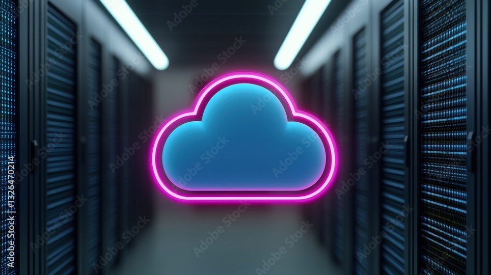 Poster neon cloud symbol over data center with server racks and lights