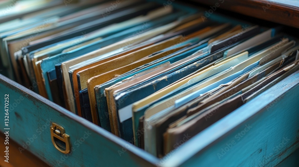 Poster a close-up view of a drawer filled with neatly organized, colorful file folders, showcasing a blend 