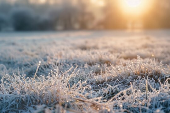 A magical photo of a frosty field at sunrise, with frost glistening on blades of grass and soft mist in the air. MZ 