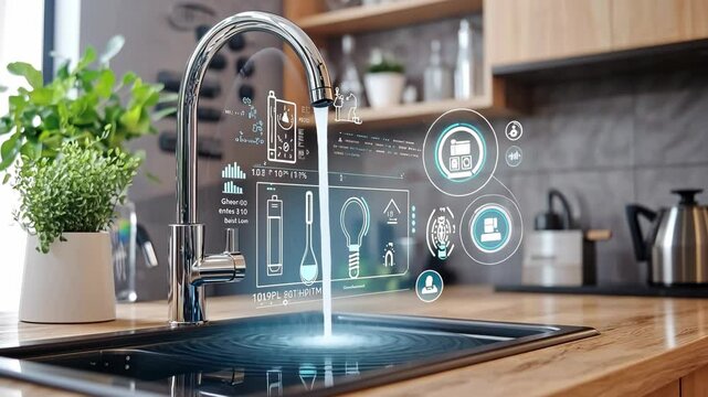 Modern kitchen sink with smart technology and holographic interface displaying water usage statistics at home