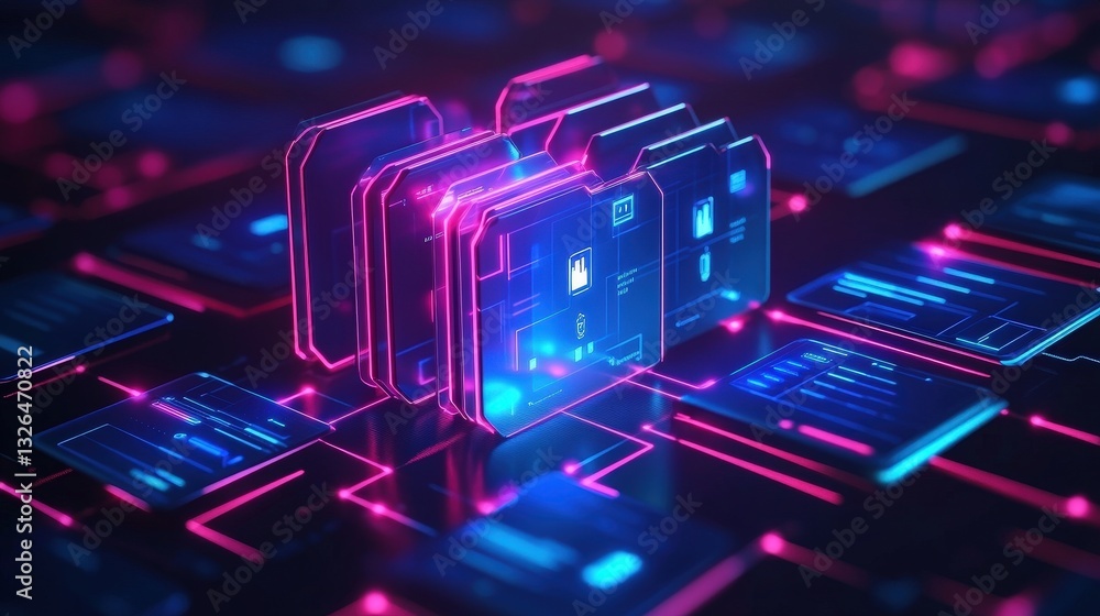 Poster a futuristic digital interface showcasing glowing data layers and holographic elements, emphasizing 