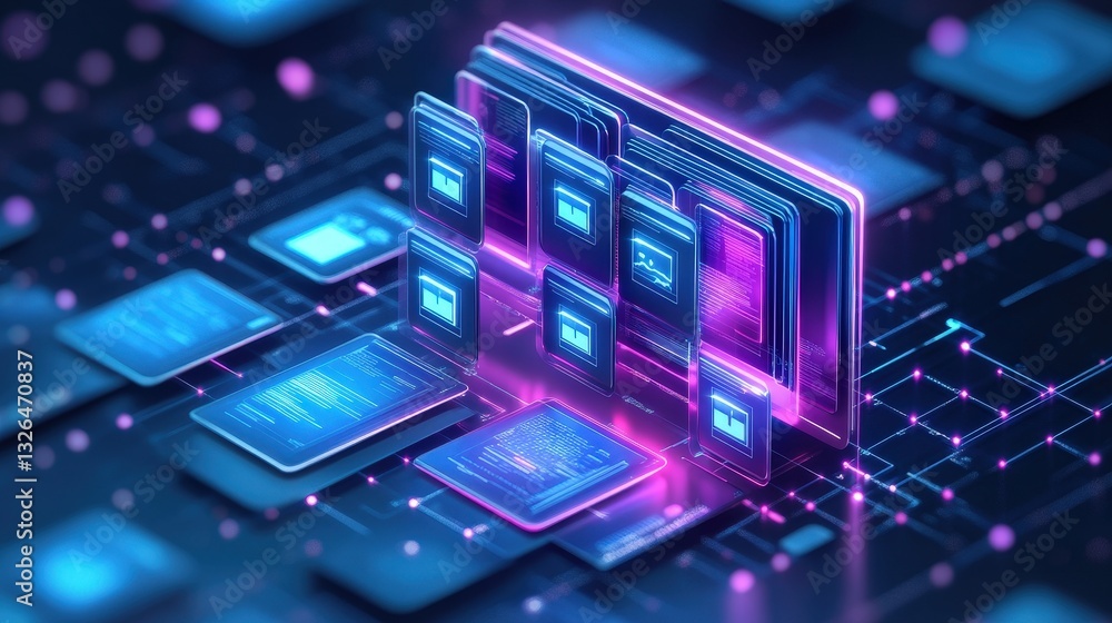 Poster a futuristic digital interface with glowing elements, showcasing interconnected data cards in a netw