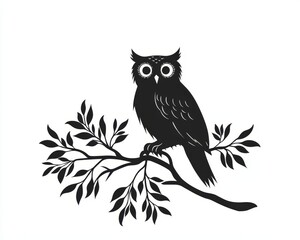 A Serene Black and White Illustration of an Owl Perched on a Branch