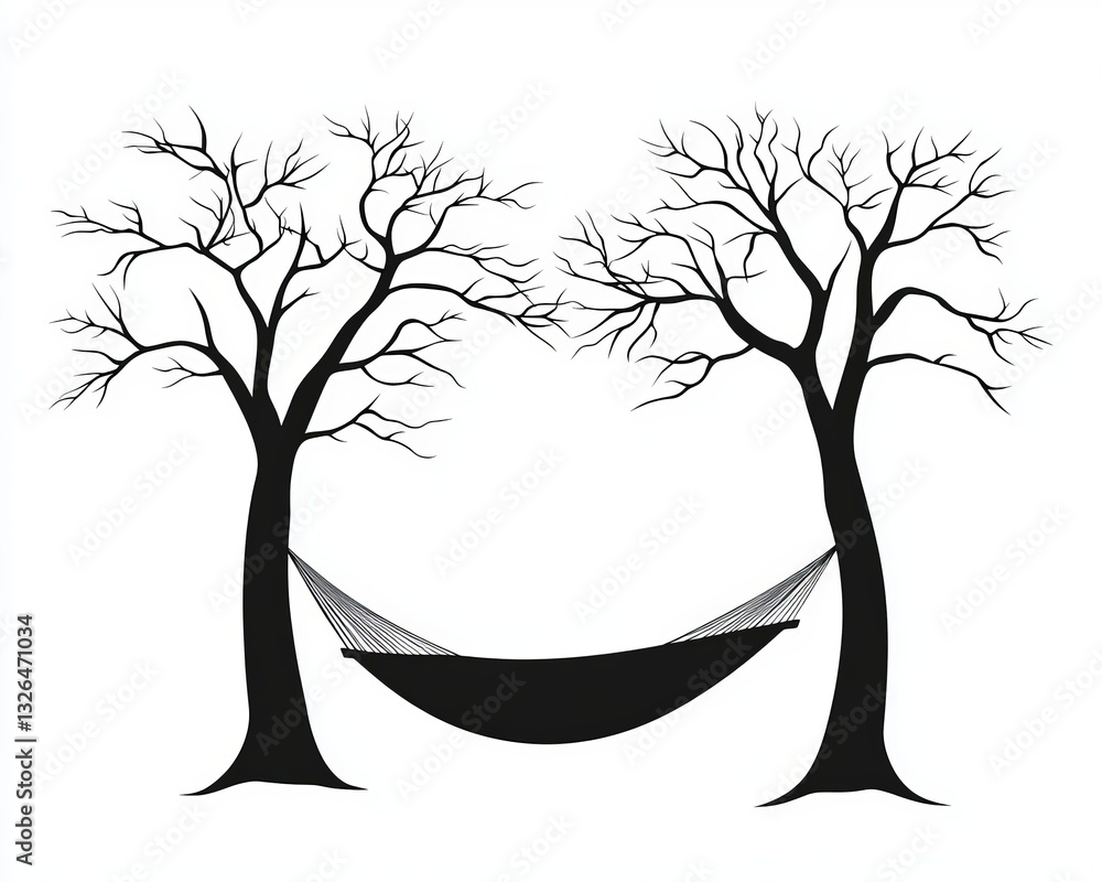 Poster a serene scene of a hammock between two trees in a minimalist black and white design