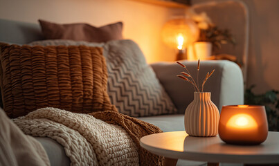 Naklejka premium Cozy living room interior with warm lighting, soft cushions, knitted blankets, and a glowing candle on a wooden coffee table. Aesthetic hygge-style home decor with earthy tones.