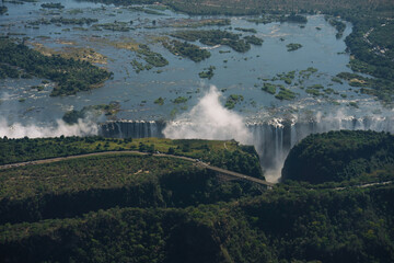 Aerial view of Victoria Falls  from a helicopter between Zimbabwe and Zambia, Africa