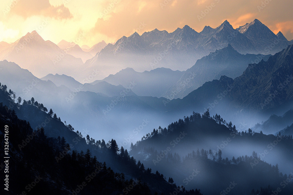 Wall mural sunset mountain layers generative ai