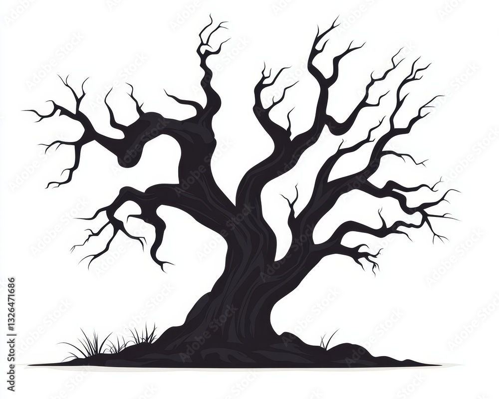 Poster a silhouette of a bare tree with twisted branches and a hollowed-out trunk