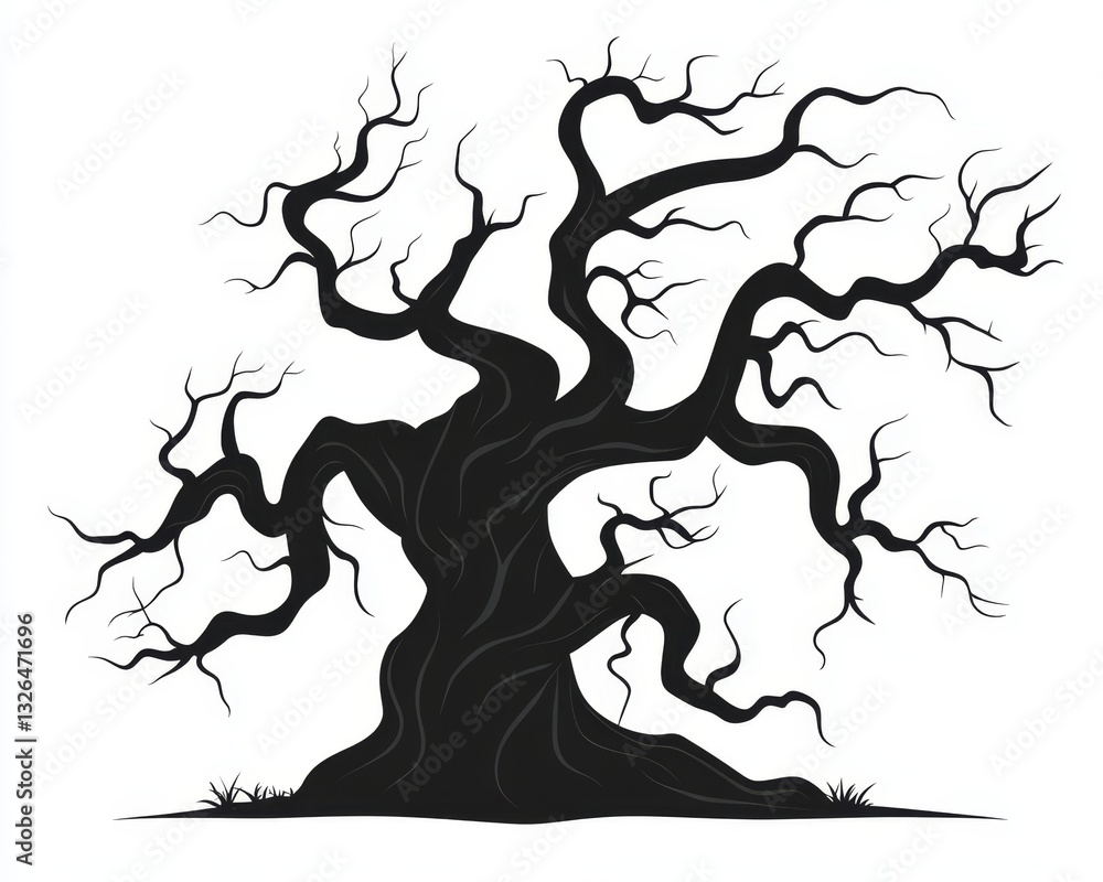 Poster a silhouette of a bare tree with twisted branches and a large trunk