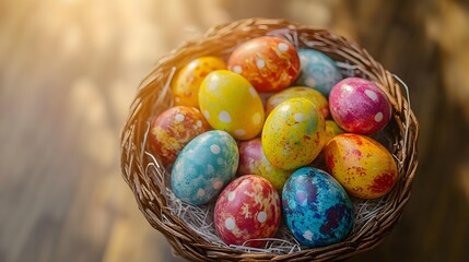 Cheerful arrangement of colorful easter eggs in a woven basket creating a joyful atmosphere for spring festivities