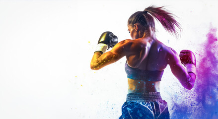 A fierce female boxer in a fighting stance, her muscular back flexed as she prepares to throw a powerful punch. Vibrant color effects highlight her strength and determination.
