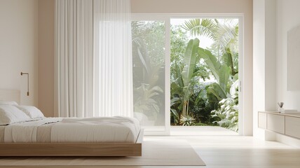 Fototapeta premium Bright minimalist bedroom with large window overlooking a tropical garden, creating a serene and peaceful atmosphere.