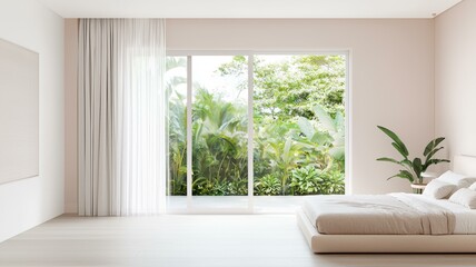 Fototapeta premium Bright minimalistic bedroom with lush greenery view through large window, creating a fresh, serene atmosphere.
