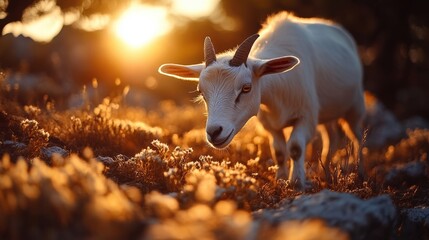 Naklejka premium Goat grazing in a sunlit meadow during golden hour surrounded by wildflowers in a tranquil rural setting