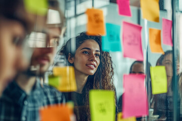 Dynamic Professional Diverse business team engaging in innovative brainstorming session with colorful sticky notes on glass wall. Creative professionals sharing, discussing, and visualizing ideas u...