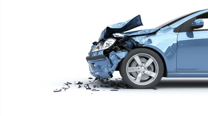 damaged blue car with crumpled front end, showcasing aftermath of collision. wreckage includes scattered debris on white background, emphasizing severity of accident