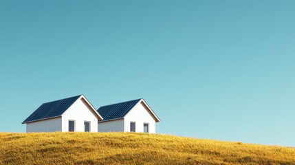 Obraz premium Two Modern Houses on a Yellow Hill Under a Clear Blue Sky