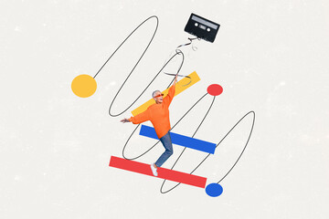 Exclusive sketch collage of happy aged woman dance music occasion retro tape meloman playlist fun...