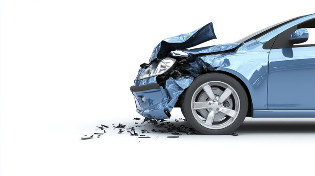 damaged blue car with crumpled front end, showcasing aftermath of collision. wreckage includes scattered debris on white background, emphasizing severity of accident