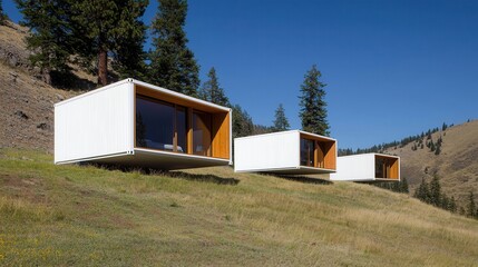 Naklejka premium Modern Container Houses on Scenic Hill Amidst Lush Greenery
